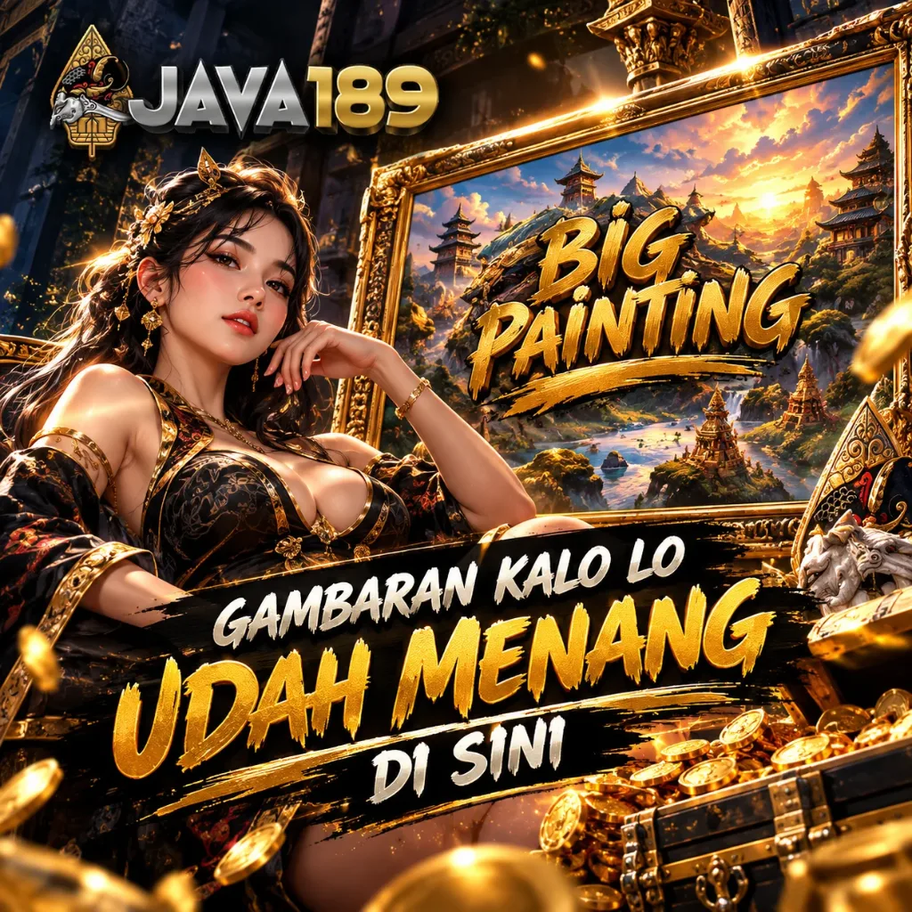 Lukisan utama JAVA189 dengan pasangan berbusana Jawa, wayang, pendopo, dan Gunung Merapi