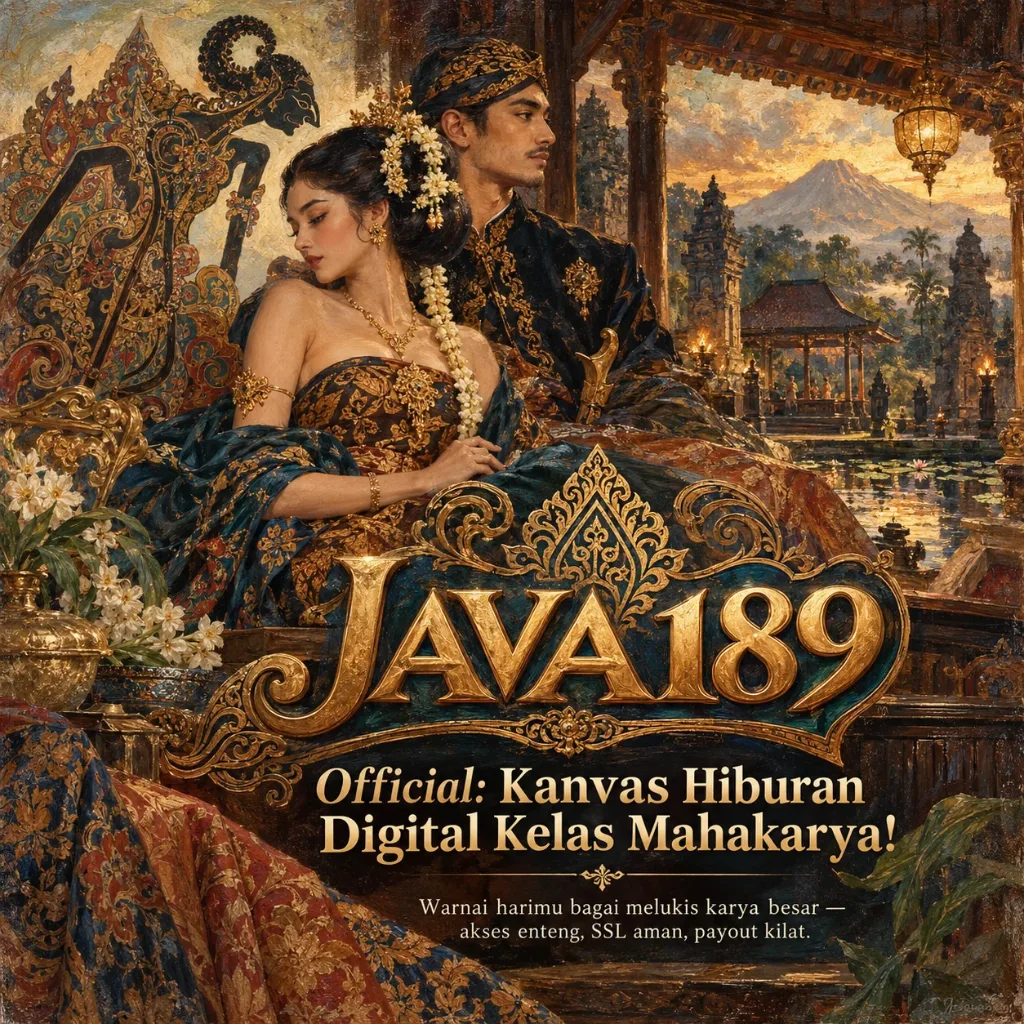 Lukisan utama JAVA189 dengan pasangan berbusana Jawa, wayang, pendopo, dan Gunung Merapi