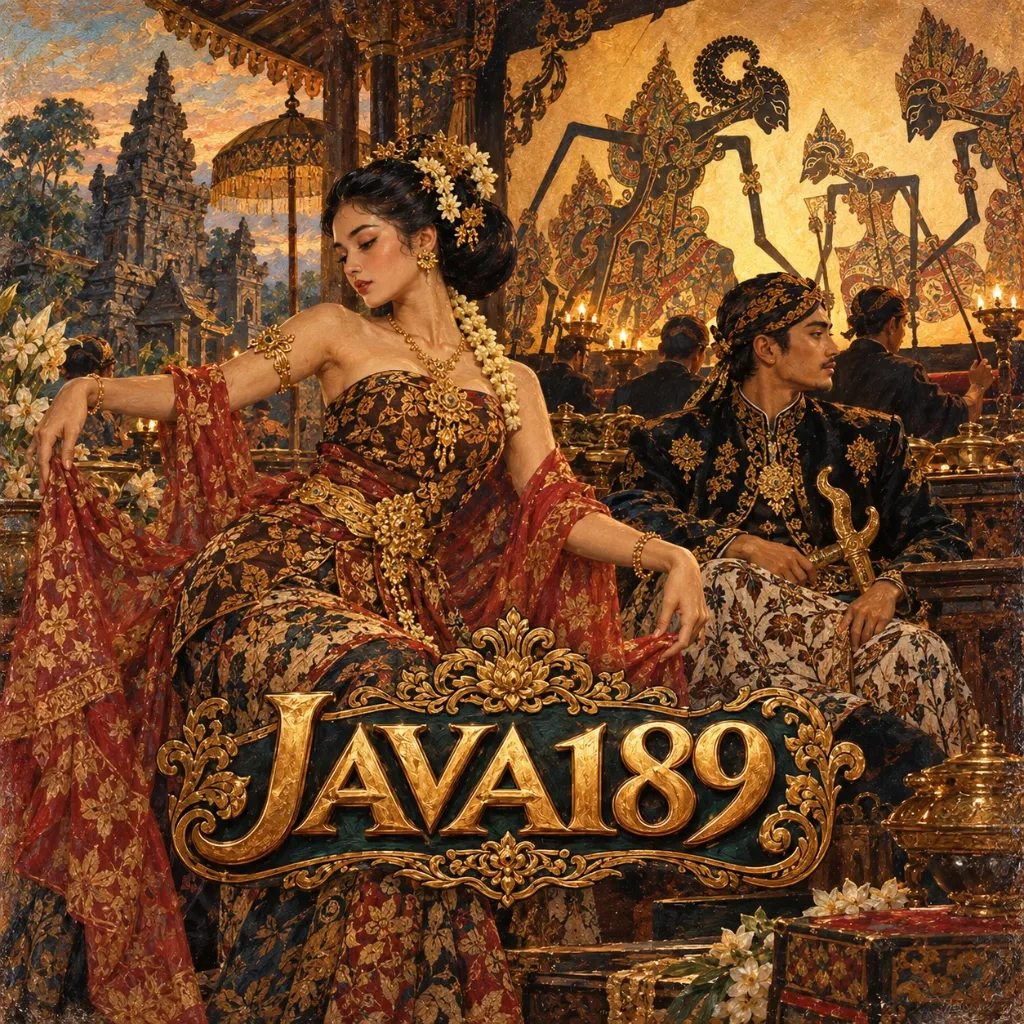 Detail lukisan JAVA189 menampilkan wayang dan busana tradisional Jawa